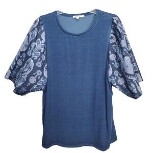 Chico's Blue Jersey Knit Lyocell Blend Ikat Sleeve Scoop Neck Top Size 3 (XL)